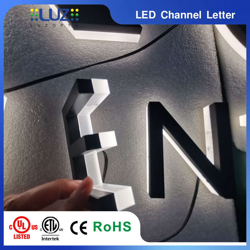 3D halo lit LED letter N matte black aluminum face frosted acrylic backlight base, outdoor waterproof store sign structure detail