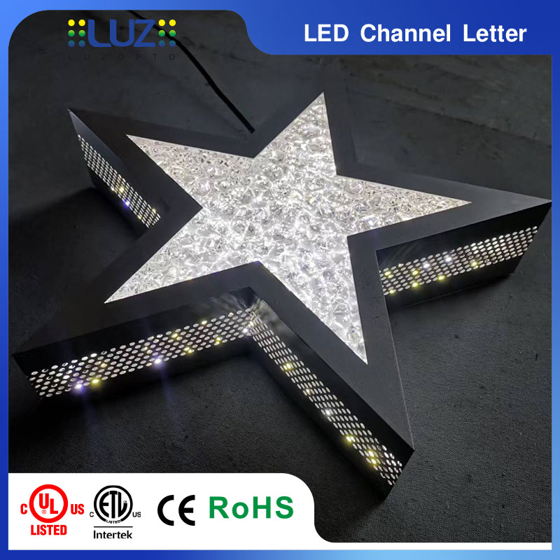 Side view of star LED channel letter sign featuring perforated metal return and crushed glass face