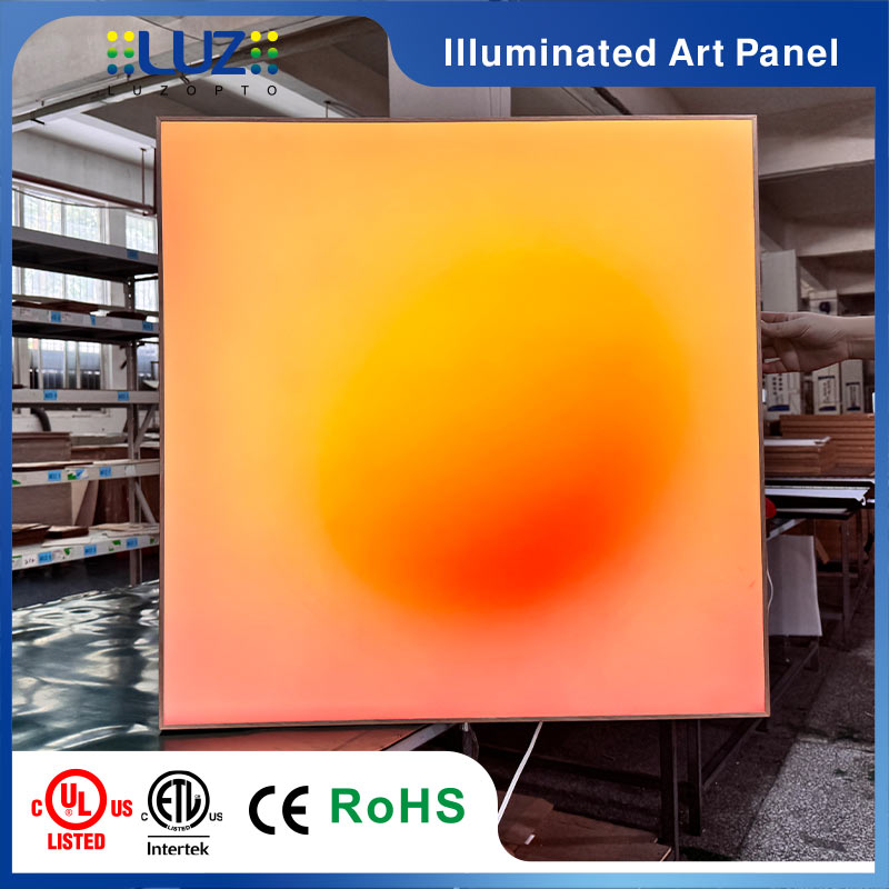 Square sunset amber backlit wall art light installed for ambient lighting in a luxury hotel lobby or restaurant