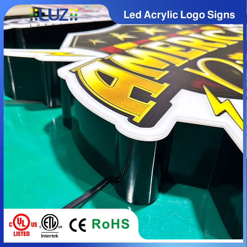 Fully illuminated custom LED acrylic logo light box sign showing vibrant lit-up colors.