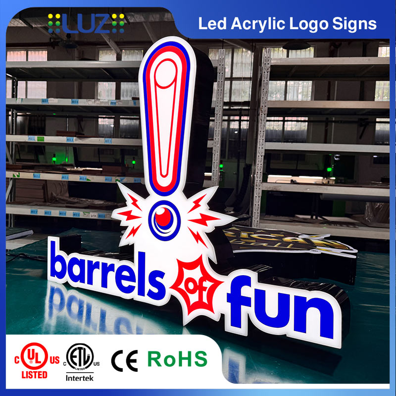 Front-lit LED logo signage for arcade and pinball toppers with vibrant blue and red glow