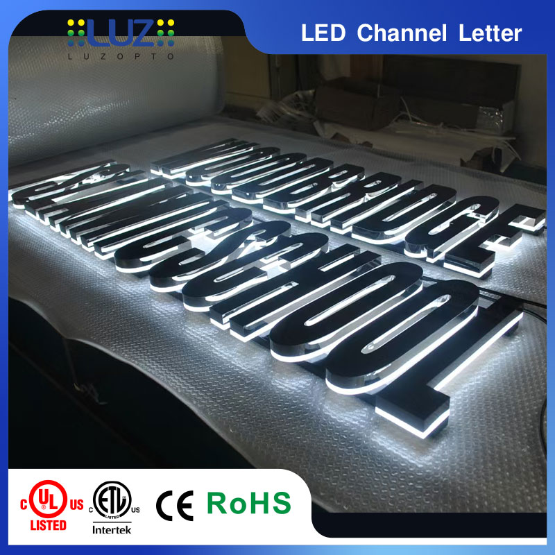 Stainless steel reverse halo lit backlit LED channel letters with standoff mounting