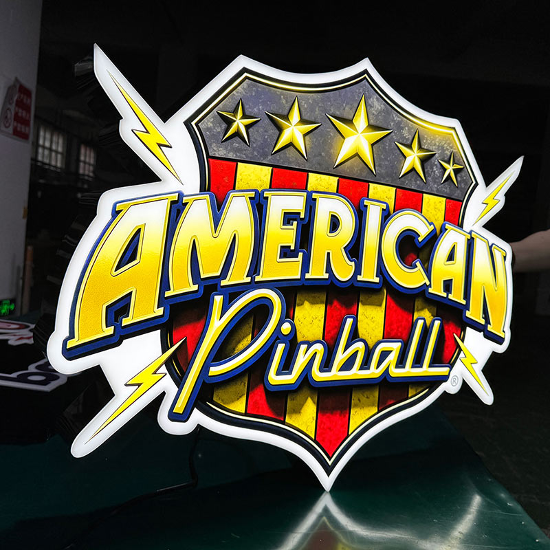 Custom LED Acrylic Logo Signs Custom American Pinball LED acrylic sign with shield shape, yellow stars and red-white stripes