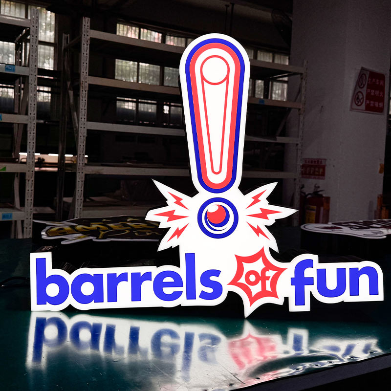 Custom LED Acrylic Logo Signs Barrels of Fun custom LED acrylic sign with irregular shape and red-white-blue colors